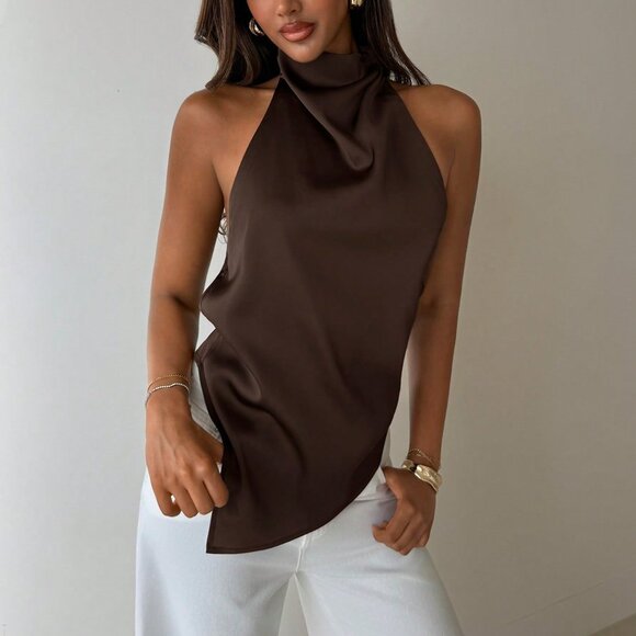 Tops - Brown Sexy Women's Backless Halter Neck Blouse
